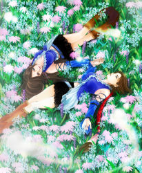 00s 2girls alternate_costume artist_request bad_id bad_pixiv_id belt boots brown_hair earrings final_fantasy final_fantasy_x final_fantasy_x-2 flower holding_hands jewelry lenne_(ff10) long_hair lying multiple_girls pyreflies radial_symmetry rotational_symmetry skirt sonou_mio very_long_hair yuna yuna_(ff10)