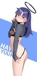 1girl absurdres black_bra black_halo black_panties black_shirt blue_archive blue_eyes bra breasts character_name clothes_lift from_side hair_down halo highres lifting_own_clothes long_hair long_sleeves mechanical_halo medium_breasts painterliuhao panties parted_bangs purple_hair red_pupils shirt shirt_lift solo underwear undressing yuuka_(blue_archive)