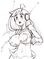 1girl android breasts clothes_lift curly_brace disembodied_hand doukutsu_monogatari female_focus grabbing_another&#039;s_breast groping lactation monochrome navel nickleflick nipples robot_ears shirt_lift solo_focus wamudraws