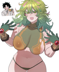 Rule 34 | 1boy, 1girl, absurdres, aged up, blush, bodypaint, boku no hero academia, breasts, camera, commentary, english commentary, exhibitionism, freckles, gloves, green hair, hagakure toru, highres, holding, holding camera, long sleeves, messy hair, midoriya izuku, official alternate costume, official alternate hairstyle, painted clothes, panties, public indecency, ratatatat74, scar, short hair, taking picture, underwear, unusually visible, wide-eyed, wide hips
