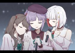 Rule 34 | 3girls, 4th live dream ~bloom the dream believers~, ascot, bare shoulders, beret, blurry, blurry background, bob cut, breasts, brown choker, brown hair, choker, closed eyes, closed mouth, clothing cutout, collarbone, collared dress, colored inner hair, commentary, contrast collar, dream believers, dress, flower, fujishima megumi, green ascot, green ribbon, grey background, hair bun, hair flower, hair ornament, hashtag-only commentary, hat, highres, inverted bob, leaning on person, leaning to the side, link! like! love live!, lone nape hair, long hair, love live!, medium breasts, multicolored hair, multiple girls, neck ribbon, otomune kozue, parted lips, pink dress, purple hair, purple hat, red flower, red hair, ribbon, short hair, shoulder cutout, side ponytail, sidelocks, single side bun, sio pasta, smile, split mouth, star (symbol), star hair ornament, streaked hair, two side up, u u, upper body, virtual youtuber, white hair, yugiri tsuzuri