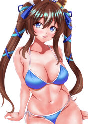 1girl absurdres animal_ears bikini blue_bikini blue_eyes blue_ribbon breasts bright_pupils brown_hair commentary_request hagesan3345 hair_ribbon highres horse_ears horse_girl large_breasts looking_at_viewer navel open_mouth partial_commentary ribbon simple_background sitting smile solo swimsuit twintails umamusume vivlos_(umamusume) white_background white_pupils