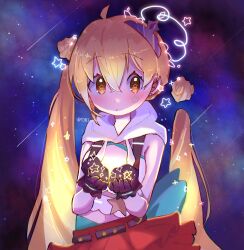 Rule 34 | 1girl, ahoge, black gloves, blonde hair, blush, crop top, crown, cupping hands, detached hair, detached hood, double bun, facial mark, gloves, hair between eyes, hair bun, highres, long hair, mini crown, navel, orange eyes, own hands together, red skirt, reject (esports), skirt, solo, space, star-shaped pupils, star (symbol), suspenders, symbol-shaped pupils, tooko (vtuber), torinatyos, upper body, very long hair, virtual youtuber