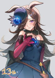 Rule 34 | 1girl, absurdres, animal ears, ariko (aaaaarik), bare shoulders, black hat, blue dress, blue flower, blush, brown hair, closed mouth, covered navel, dress, flower, fur collar, hair over one eye, hat, hat flower, highres, horse ears, horse girl, long hair, looking at viewer, off-shoulder dress, off shoulder, pink sleeves, purple eyes, rice shower (umamusume), solo, sweatdrop, sword, umamusume, weapon