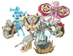 10s 1girl 3boys armor bodysuit flying full_armor gamagoori_ira gamagoori_ira_(scourge_regalia) glasses gloves hat helmet inumuta_houka inumuta_houka_(probe_regalia) jakuzure_nonon jakuzure_nonon_(symphony_regalia) kill_la_kill multiple_boys pink_eyes pink_hair sanageyama_uzu sanageyama_uzu_(blade_regalia) shako_cap shinai short_hair sidelocks sin.t.k smile speaker sword weapon white_background