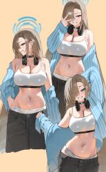 1girl absurdres alternate_costume asuna_(blue_archive) asymmetrical_bangs black_choker black_pants blue_archive blue_jacket blush breasts brown_hair choker cleavage collarbone commentary cropped_legs fingernails hair_over_one_eye halo headphones headphones_around_neck highres jacket jacket_partially_removed kono_(xerondan321) large_breasts long_hair looking_at_viewer mole mole_on_breast multiple_views nail_polish navel one_eye_covered panties pants pinstripe_pattern simple_background smile sports_bra stomach straight_hair symbol-only_commentary underwear very_long_hair w white_panties white_sports_bra yellow_background