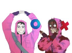 2boys :d arms_up bag bags_under_eyes beard_stubble black_eyes black_gloves black_hair blood blood_on_clothes blood_on_face blood_on_hands crossed_arms cry_of_fear dilated_pupils dual_persona facial_hair fingerless_gloves gesture gloves grin highres hood hood_up hoodie interlocked_fingers lisleepyam looking_at_viewer male_focus multiple_boys open_mouth pink_hoodie short_hair shoulder_bag simon_henriksson simon_henriksson_(book) smile stubble upper_body white_background wide-eyed x