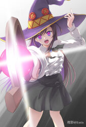 Rule 34 | 1girl, alina clover, artist name, black background, black bow, black bowtie, black skirt, bow, bowtie, breasts, brown hair, cosplay, glowing, glowing eyes, guild no uketsukejou desu ga zangyou wa iya nanode boss wo solo toubatsu shiyou to omoimasu, hat, highres, holding, holding staff, large breasts, large hat, leshade entis, long hair, looking at viewer, mage staff, megumin, megumin (cosplay), open mouth, purple eyes, purple hat, shirt, simple background, skirt, solo, staff, takahashi rie, teeth, upper teeth only, very long hair, voice actor connection, white shirt, witch hat