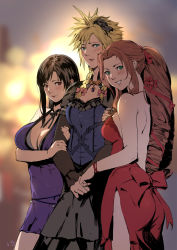 1boy 2girls aerith_gainsborough aerith_gainsborough_(red_dress) arm_hug backless_dress backless_outfit bad_id bad_pixiv_id black_hair blush breasts brown_hair cleavage cloud_strife cloud_strife_(blue_dress) club3 crossdressing dress embarrassed final_fantasy final_fantasy_vii final_fantasy_vii_remake highres large_breasts looking_at_viewer multiple_girls purple_dress red_dress smile spiked_hair tifa_lockhart tifa_lockhart_(refined_dress) wall_market