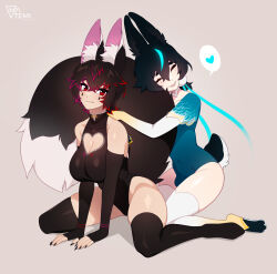 1boy 1girl animal_ears arm_support artist_name black_bodysuit black_hair black_nails blue_hair bodysuit breasts bulge cleavage cleavage_cutout closed_eyes clothing_cutout collarbone commission elbow_gloves fang fingerless_gloves fox_girl gloves hair_between_eyes happy heart highres hug hug_from_behind large_breasts legs legs_apart looking_at_viewer lower_teeth_only matemi multicolored_hair nail_polish navel open_mouth original rabbit_boy red_eyes red_hair red_streaks shadow short_hair simple_background spoken_heart stomach tail teeth thighs two-tone_hair
