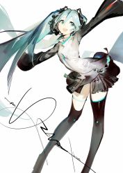 1girl aqua_eyes aqua_hair asymmetrical_legwear black_skirt black_thighhighs feet_out_of_frame female_focus hair_ornament hatsune_miku headset highres leaning_forward long_hair looking_to_the_side outstretched_arms signature skirt smile solo standing thighhighs twintails uneven_legwear very_long_hair vocaloid yyb zettai_ryouiki