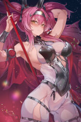 1girl absurdres armor armpits arms_up bare_shoulders black_bow blush bodysuit bow breastplate breasts commentary cowboy_shot fingernails hair_between_eyes hair_bow hair_ornament hairband highres holding holding_polearm holding_weapon large_breasts long_hair looking_at_viewer lupa_(wuthering_waves) metal_hairband multiple_hair_bows paid_reward_available parted_lips pink_hair polearm red_sash sash smile solo ura_illust weapon white_bodysuit wuthering_waves yellow_eyes