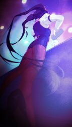 1girl black_pantyhose black_shoes cocktail_shaker commentary cup drinking_glass english_commentary foot_out_of_frame high_heels highres jill_stingray long_hair miniskirt pantyhose puk_(higanbana_doujin) purple_hair purple_skirt purple_vest shirt shoes skirt solo twintails va-11_hall-a vest white_shirt