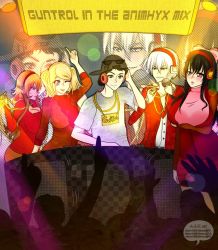2boys 3girls akane-ichii-kitsune_(artist) akane_ichii bad_anatomy blonde_hair blush breasts cleavage dj dubstep edm gungly harem harem_king hat headphones hip_hop jewelry kawamura_kiyomi large_breasts microphone multiple_boys multiple_girls orange_hair original party poorly_drawn rap ribbon show_me_the_money_4 smile sniver_k sunglasses twintails white_hair