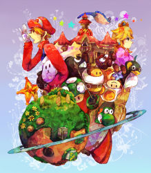 1-up_mushroom 1boy 1girl bird blonde_hair castle chain_chomp coach_(mario) commentary_request creature fur_trim goomba hat highres honeybee_(mario) long_hair long_sleeves looking_at_viewer manta_ray mario mario_(series) nintendo orange_hair outdoors penguin planet princess_peach princess_peach&#039;s_castle ray_(mario) red_hat rocket_ship short_hair spacecraft sparkle star_(symbol) star_bunny super_mario_galaxy toad_(mario) tsunoko_(xxdid) wide-eyed yoshi