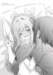 2girls blush closed_eyes commentary ear_blush grabbing_another&#039;s_breast greyscale groping hair_ribbon highres long_hair looking_at_another lwmina70119 lying medium_hair miyagi_shiori monochrome multiple_girls navel on_back on_bed open_mouth ribbon sendai_hazuki shirt short_sleeves shuuniichido_classmate_wo_kau_hanashi sweat yuri