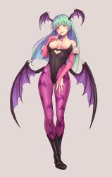1girl animal_print bat_(animal) bat_print bat_wings black_footwear black_leotard breasts cleavage clothing_cutout commentary darkstalkers demon_girl female_focus finger_to_mouth fur_trim green_hair hand_on_own_thigh hand_on_thigh head_wings heart_cutout large_breasts leotard long_hair low_wings morrigan_aensland pantyhose print_pantyhose purea purple_pantyhose solo wings yellow_eyes