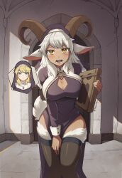 1girl absurdres animal_ears aqua_eyes arm_between_legs artist_name before_and_after black_dress black_veil blush book breasts brown_thighhighs cleavage cleavage_cutout clothing_cutout commentary cropped_legs crying crying_with_eyes_open demon_horns dress english_commentary fangs goat_ears goat_girl goat_tail grey_hair highres holding holding_book horizontal_pupils horns indoors jewelry large_breasts leaning_forward long_hair long_horns looking_at_viewer medium_hair monster_girl monsterification nun original panicking pendant sharp_teeth side_slit solo stone_wall tan tears teeth tenescross thighhighs traditional_nun veil very_long_ears white_fur white_trim white_wrist_cuffs wrist_cuffs yellow_eyes