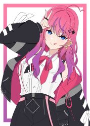 1girl ahoge blue_eyes braid esttea gradient_hair hair_ornament hair_ribbon hairclip highres hood hoodie idios jewelry kuramochi_meruto long_hair multicolored_hair nail_polish nijisanji pink_hair purple_hair red_hair ribbon ring shorts virtual_youtuber