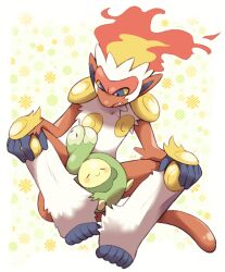 Rule 34 | :&gt;, blush, budew, closed eyes, closed mouth, fang, fire, gen 4 pokemon, hands on own knees, infernape, minashirazu, nintendo, no humans, open mouth, pokemon, pokemon (creature), simple background, smile, tail