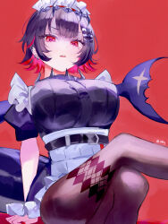 1girl absurdres black_dress black_hair blush breasts brown_pantyhose colored_inner_hair crossed_bangs dress ellen_joe fins fish_tail hairband highres large_breasts looking_at_viewer maid_headdress metal_hairband mile_(off8mile) multicolored_hair open_mouth pantyhose red_eyes red_hair shark_girl shark_tail short_hair solo spiked_headband tail zenless_zone_zero