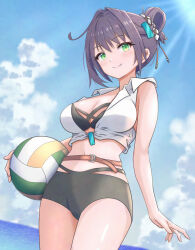 1girl absurdres alexa_(epic_seven) ball bare_shoulders beachball bikini black_bikini black_hair breasts cleavage closed_mouth commentary_request cowboy_shot cowlick crop_top day epic_seven green_eyes hair_rings highres konjou looking_at_viewer medium_breasts navel official_alternate_costume outdoors shirt sleeveless sleeveless_shirt smile solo summer&#039;s_disciple_alexa_(epic_seven) sunlight swimsuit white_shirt
