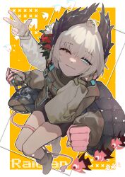 1girl ;) ahoge animal arknights black_jacket blue_eyes border character_doll character_name chinese_commentary clenched_hand closed_mouth commentary_request doctor_(arknights) doll extra_arms fish from_above full_body gloves grey_hair half-closed_eye highres holding jacket long_sleeves looking_at_viewer one_eye_closed outside_border pink_gloves pouch puyue raidian_(arknights) short_hair smile solo v white_border yellow_background