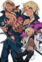 Rule 34 | 1boy, absurdres, ace attorney, alternate costume, apollo justice: ace attorney, belt, belt buckle, black pants, black shirt, blonde hair, blue eyes, blush, bracelet, buckle, chain, chain belt, chain necklace, crop top, dark-skinned male, dark skin, drill hair, earrings, fishnet top, fishnets, grgrton, hair between eyes, hair down, heart, highres, holding, holding microphone, jacket, jewelry, klavier gavin, long hair, male focus, microphone, multiple rings, multiple views, music, necklace, pants, popped collar, purple jacket, ring, shirt, side drill, simple background, singing, single earring, studded bracelet, turtleneck, white background, white jacket