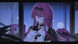 2girls age_difference aged_down artist_name black_choker black_gloves black_jacket choker collarbone commentary_request critter_pick_(honkai:_star_rail) eyewear_on_head finger_to_mouth glasses gloves glowing glowing_eyes honkai:_star_rail honkai_(series) index_finger_raised jacket kafka_(honkai:_star_rail) letterboxed long_hair long_sleeves looking_at_viewer multiple_girls pince-nez purple_eyes purple_hair rain round_eyewear shirt shushing srpzk sunglasses time_paradox upper_body white_shirt