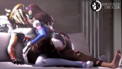 2girls 3d animated animated_gif ass barefoot bed blonde_hair bodysuit breasts brown_hair d.va_(overwatch) dominothecat dry_humping facial_mark female_focus gif_artifacts girl_on_top gloves grabbing_another&#039;s_ass groping headphones humping indoors kiss mechanical_wings mercy_(overwatch) multiple_girls on_bed overwatch overwatch_1 pantyhose ponytail torn_clothes torn_pantyhose wings yuri