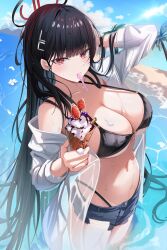 1girl absurdres beach bikini black_bikini black_hair blue_archive blush breasts bright_pupils cleavage denim denim_shorts food hair_ornament hairclip halo highres holding holding_food holding_ice_cream ice_cream ice_cream_cone jacket kkubuk92 large_breasts long_hair looking_at_viewer open_clothes open_jacket palm_tree red_eyes rio_(blue_archive) see-through_clothes shorts solo spoon swimsuit tree utensil_in_mouth very_long_hair water white_pupils