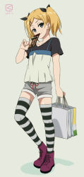 10s 1girl artist_logo bag blonde_hair blush candy chocolate chocolate_bar dated female_focus food hair_ornament hair_ribbon hairclip highres kueru logo miyahara_takuya mole mole_under_eye ribbon shirobako short_hair short_twintails shorts smile solo striped_clothes striped_thighhighs thighhighs twintails yano_erika