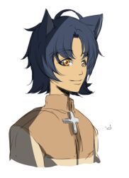 1boy acolyte_(ragnarok_online) animal_ears black_hair brown_coat cat_boy cat_ears closed_mouth coat cross fumiddition long_sleeves looking_afar male_focus orange_eyes ragnarok_online short_hair simple_background smile solo upper_body white_background