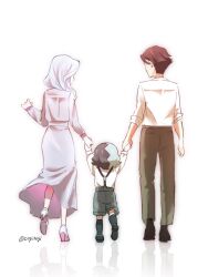 1girl 2boys aged_down amethio&#039;s_mother_(pokemon) amethio_(pokemon) arms_up brown_hair cervantis_(pokemon) commentary_request copituji creatures_(company) dress family from_behind game_freak high_heels holding_hands long_hair long_sleeves multicolored_hair multiple_boys nintendo pants pokemon pokemon_(anime) pokemon_horizons shirt shoes short_hair shorts sleeves_rolled_up socks standing suspenders twitter_username two-tone_hair white_shirt