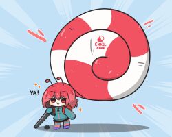 antennae backpack bag black_skirt blue_background blue_jacket candy chibi closed_mouth commentary_request food highres holding holding_candy holding_food holding_lollipop jacket lollipop long_sleeves multicolored_hair original pantyhose pink_hair pink_pantyhose puffy_long_sleeves puffy_sleeves purple_shoes red_eyes red_hair sea_urchin shoes simple_background skirt sleeves_past_fingers sleeves_past_wrists smile striped_clothes striped_pantyhose swirl_lollipop two-tone_hair uni_souchou