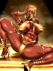 1girl abs black_tape_project bleach breast_tattoo breasts dark-skinned_female dark_skin facial_tattoo gold high_heels highres huge_breasts large_breasts looking_at_viewer mask muscular muscular_female nude number_tattoo shoes soyuz001 spread_legs sweatdrop tattoo tier_harribel
