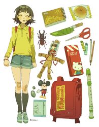 1girl absurdres anpan bandaid bandaid_on_knee bandaid_on_leg brown_hair closed_eyes denim food hello_kitty highres mickey_mouse nzsssm original sanrio shoes shorts smile straw_doll