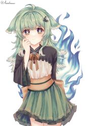 1girl animal_ears astra black_eyes black_shirt bright_pupils closed_mouth cowboy_shot ears_down fiery_tail fox_ears green_hair green_skirt hand_up highres honkai:_star_rail honkai_(series) huohuo_(honkai:_star_rail) long_hair long_sleeves miniskirt paw-shaped_pupils shirt skirt solo symbol-shaped_pupils tail tail_(honkai:_star_rail) twitter_username white_background white_pupils yin_yang_hair_ornament