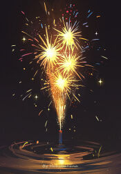 Rule 34 | artist name, black background, dark background, fireworks, glowing, highres, huhv., night, no humans, original, reflection, ripples, sparkle, sparks, water