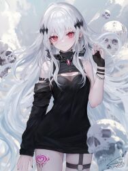 1girl absurdres black_dress black_gemstone black_gloves black_sleeves breasts closed_mouth commentary cowboy_shot detached_sleeves dot_nose dress fingerless_gloves fushimi_sameta garter_straps gem gloves hair_between_eyes hair_ornament hand_up heart heart_tattoo highres long_bangs long_hair looking_at_viewer o-ring o-ring_thigh_strap original pink_gemstone red_eyes short_dress single_detached_sleeve single_glove skull smile solo strapless strapless_dress symbol-only_commentary tattoo thigh_strap very_long_hair wavy_hair white_hair wispy_bangs