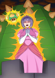 Rule 34 | 1girl, absurdres, blunt bangs, breasts, closed eyes, commentary request, crown, dress, gloves, highres, mario (series), medium breasts, medium hair, nintendo, own hands together, pain, pink dress, princess, puffy short sleeves, puffy sleeves, purple hair, short sleeves, sidelocks, solo, super mushroom, translation request, white gloves, zock10daisuki