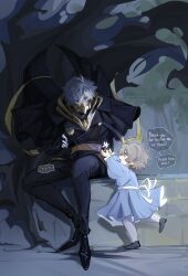 ... 1boy 1girl antenna_hair belt black_cape black_eyes black_jacket blue_dress brooch cape child dress english_text floating_cape frilled_cuffs full_body ghostblade_(to_be_hero_x) gift hair_between_eyes highres holding holding_gift jacket jacket_on_shoulders jewelry lokk1_png looking_at_another mask mouth_mask puffy_sleeves sandals short_hair sitting speech_bubble spoken_ellipsis surprised to_be_hero to_be_hero_x torn_clothes torn_jacket white_hair white_lily