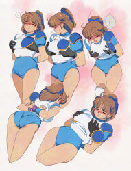! 1girl 1other arle_nadja armor ass bdsm blue_bow blue_buruma blue_shirt blush bondage bound bound_wrists bow breasts brown_hair buruma closed_eyes closed_mouth commentary covered_erect_nipples cropped_legs disembodied_hand ear_blush embarrassed grabbing_another&#039;s_breast grabbing_from_behind groping gym_shirt gym_uniform hair_bow hakunetsu!_puyolympic! highres large_breasts legs_together medium_hair molestation multiple_views nipple_stimulation nipple_tweak nipple_tweak_through_clothes open_mouth pink_rope ponytail puyopuyo rope shimadai587779 shirt shirt_tucked_in short_ponytail short_sleeves single_shoulder_pad socks solo_focus spoken_exclamation_mark standing sweat thighs tight_clothes turning_head two-tone_shirt white_background white_shirt white_socks