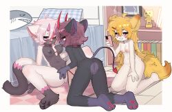3girls absurdres biting blonde_hair breasts chinese_commentary cleft_of_venus completely_nude crayon_(crayon1006) fff_threesome fingering furry furry_female furry_with_furry group_sex highres horns indoors medium_breasts multiple_girls navel nipple_biting nipple_stimulation nipples nude one_eye_closed original pink_eyes pussy pussy_juice second-party_source sitting small_breasts spread_legs tail threesome uncensored vaginal yuri