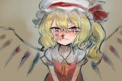 1girl blonde_hair blood bruise closed_mouth crying crying_with_eyes_open flandre_scarlet hat highres injury long_hair looking_at_viewer neck_ribbon nosebleed one_side_up pokoooo_(fartsonist) red_eyes ribbon sketch solo tears touhou white_hat wings yellow_ribbon
