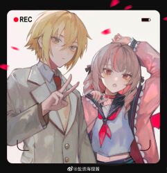 1boy 1girl absurdres aqua_nails battery_indicator belt_collar black_border black_sailor_collar blonde_hair border brown_hair chinese_commentary collar collared_shirt commentary_request grey_jacket hair_between_eyes highres jacket lapels long_sleeves looking_at_viewer makaino_ririmu makaino_ririmu_(4th_costume) midriff multicolored_hair nail_polish neckerchief nijisanji notched_lapels open_clothes open_jacket pink_eyes pink_hair pink_jacket protected_link recording red_neckerchief sailor_collar sailor_shirt shirt streaked_hair tsuta1218 two-tone_hair upper_body uzuki_kou uzuki_kou_(3rd_costume) v virtual_youtuber watermark weibo_watermark white_shirt