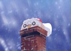 amonilust bird christmas creatures_(company) dress fur-trimmed_headwear fur_trim game_freak gen_7_pokemon hat nintendo no_humans open_mouth outdoors owl pokemon pokemon_(creature) rowlet sack santa_costume santa_dress santa_hat snow snowing stuck winter