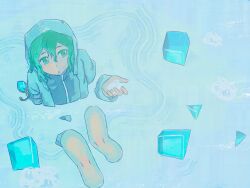 1other :o androgynous bare_legs black_shirt blue_jacket blue_shorts blue_theme bubble buttons commentary dot_nose green_eyes green_hair hair_between_eyes hashtag-only_commentary highres holding hood hood_up hooded_jacket ice ice_cube jacket knees len&#039;en long_sleeves looking_to_the_side merry_765 open_clothes open_jacket open_mouth other_focus partially_submerged ripples shirt shitodo_aoji short_hair shorts solo turtleneck turtleneck_shirt water