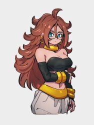 Rule 34 | 1girl, android 21, blue eyes, breasts, brown hair, cleavage, dragon ball, dragon ball fighterz, glasses, hair between eyes, kemachiku, long hair, looking at viewer, majin android 21, medium breasts, midriff, navel, red hair, solo