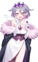 Rule 34 | 1girl, :d, absurdres, aotake iro, ara ara, bare shoulders, black cloak, blush, breasts, cloak, colored inner hair, commentary, corset, detached collar, dress, elbow gloves, english commentary, fur-trimmed cloak, fur trim, gem, gloves, gradient hair, grey hair, hair between eyes, hair flaps, hand on own face, hands up, headpiece, highres, hololive, hololive english, large breasts, long dress, long hair, long hair between eyes, looking at viewer, momseki (koseki bijou), multicolored hair, off shoulder, open mouth, pink hair, purple corset, purple gemstone, purple hair, shore, short hair, side slit, simple background, sleeveless, sleeveless dress, smile, solo, straight-on, strapless, strapless dress, underbust, white background, white dress, white gloves
